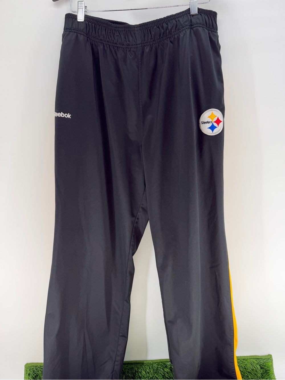 Reebok Kids Black Track Pants with Yellow Side Stripe and Steelers Patch